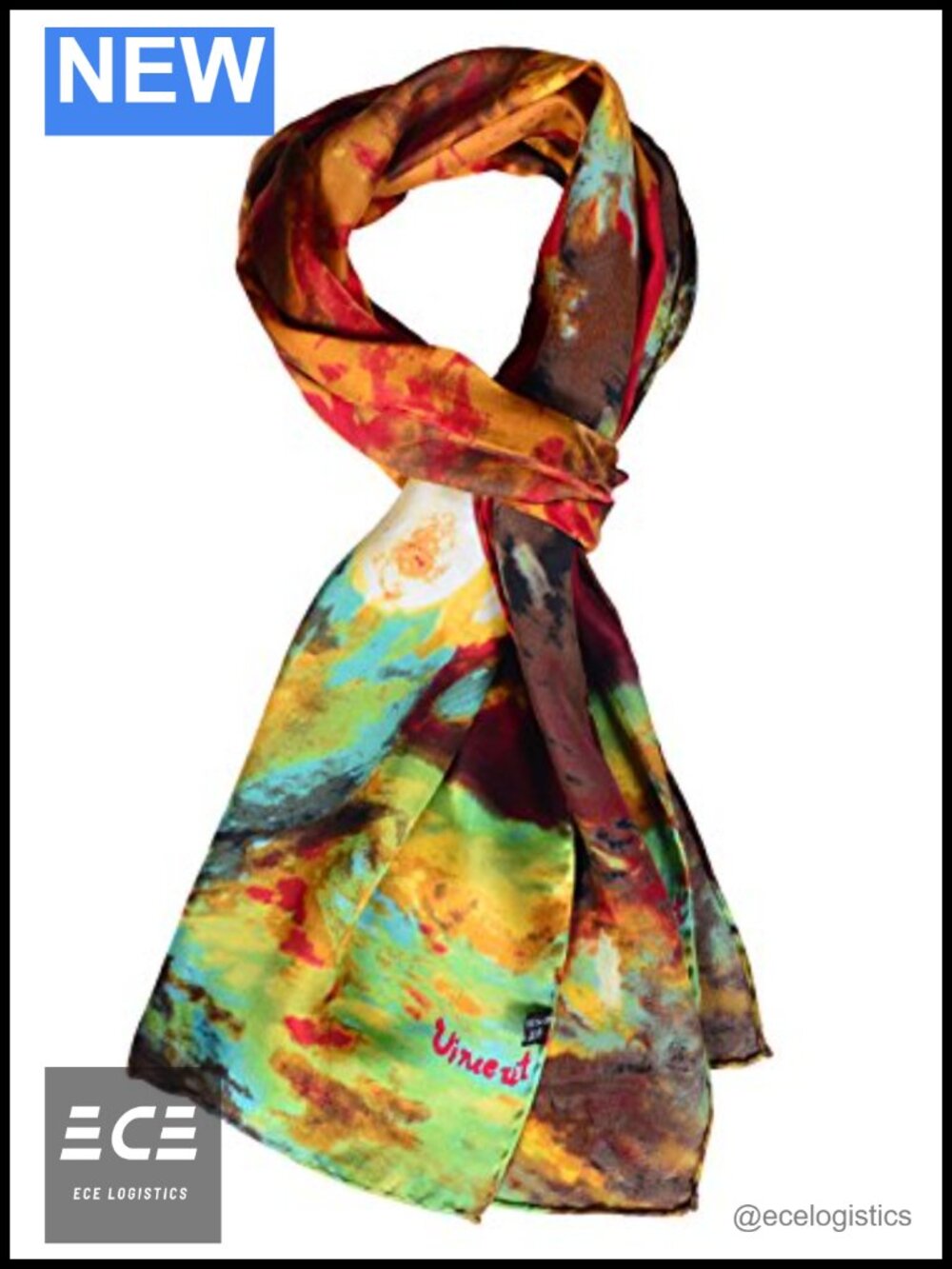 100% Silk Van Gogh Painted Scarf Long Wrap Lightweight